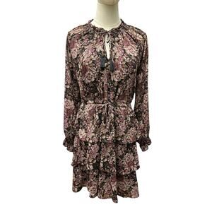 Black Tape Women’s Small Keyhole Tassel Tie Neck Tier Ruffle Floral Lined Dress